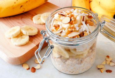 Grain free overnight oats with banana, coconut and maple syrup