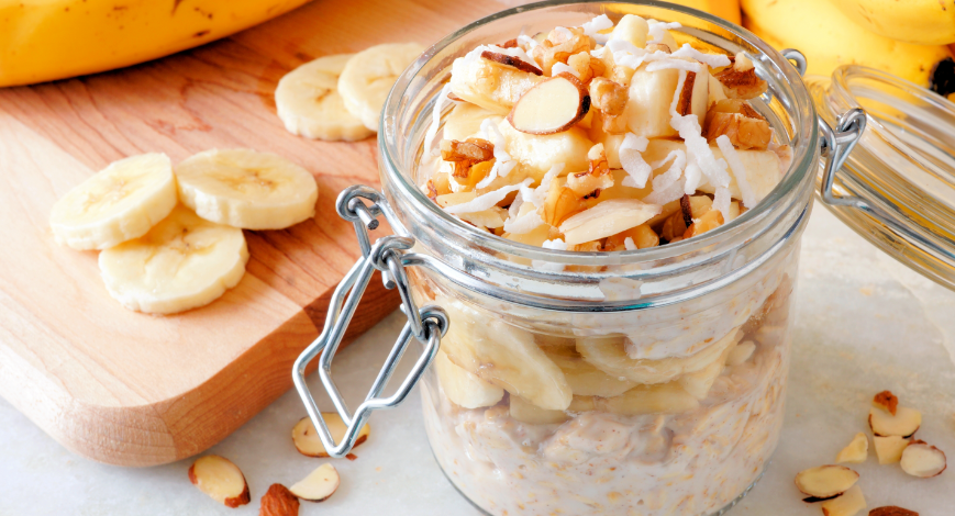 Grain free overnight oats with banana, coconut and maple syrup